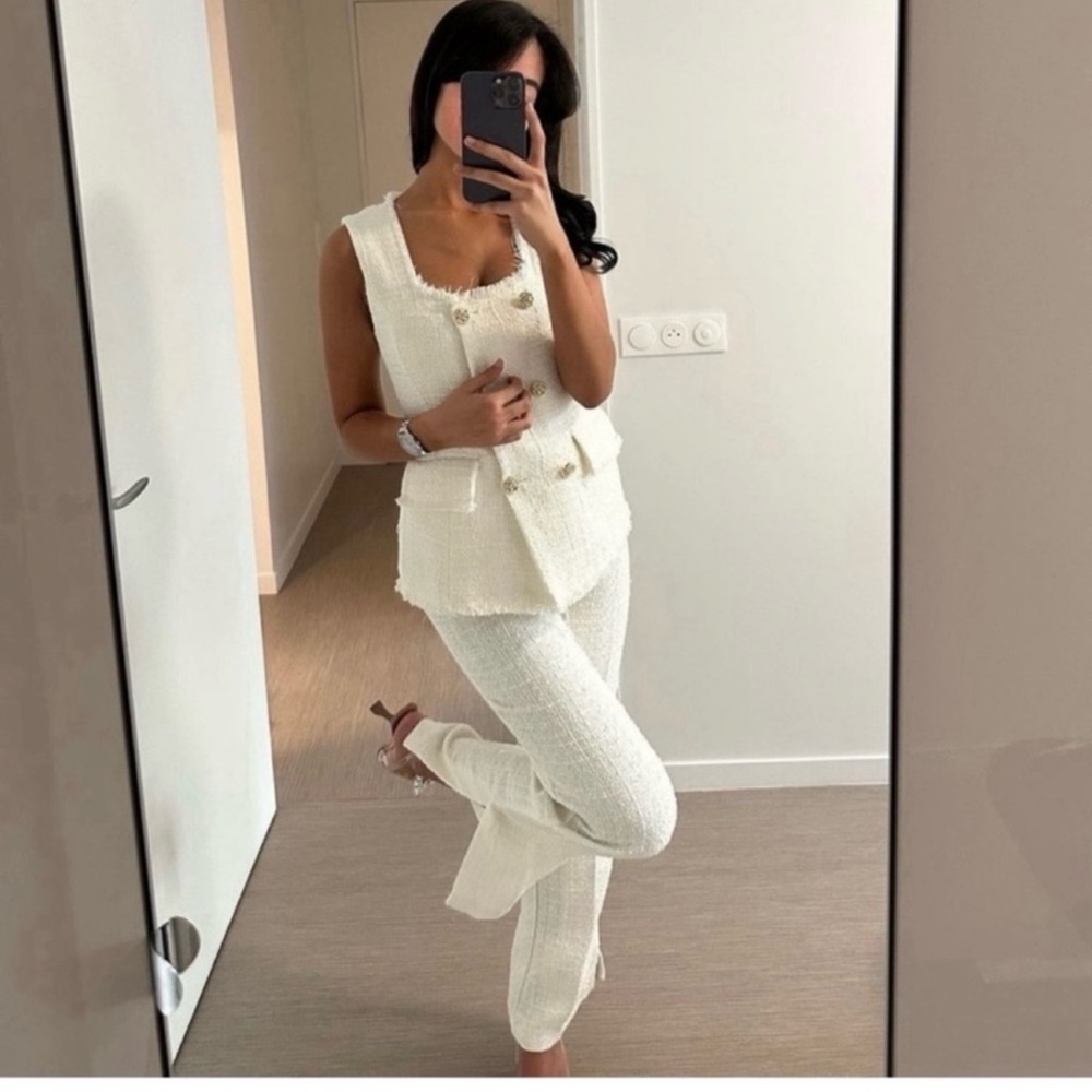 Zara Textured Structured Slit Pants Cream Beige Off White Women's Tweed